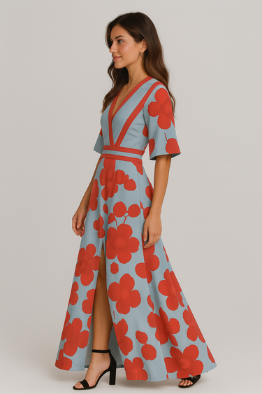 V-Neck Floral Print Maxi Dress – Flowing Evening Party Dress