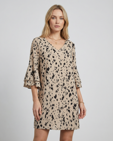 Beige Floral Double-Layer Mini Dress – Flare Sleeve Summer Party Dress