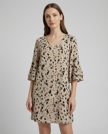Beige Floral Double-Layer Mini Dress – Flare Sleeve Summer Party Dress