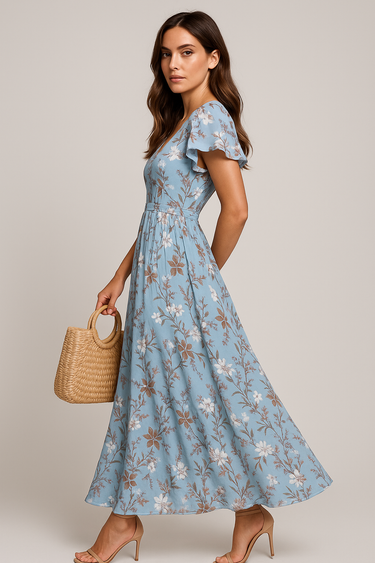 Sky Blue Floral Maxi Dress – Flutter Sleeve V-Neck Romantic Summer Dress