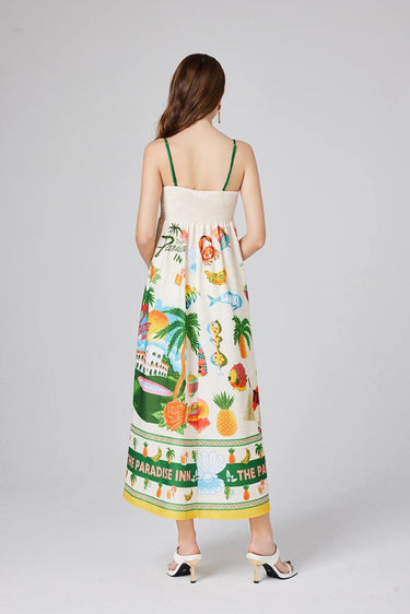 Floral Tropical Print Maxi Dress – Shirred Bodice Spaghetti Strap Summer Dress