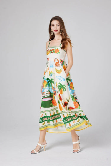 Floral Tropical Print Maxi Dress – Shirred Bodice Spaghetti Strap Summer Dress