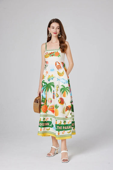 Floral Tropical Print Maxi Dress – Shirred Bodice Spaghetti Strap Summer Dress