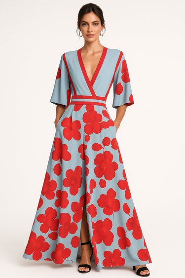 V-Neck Floral Print Maxi Dress – Flowing Evening Party Dress