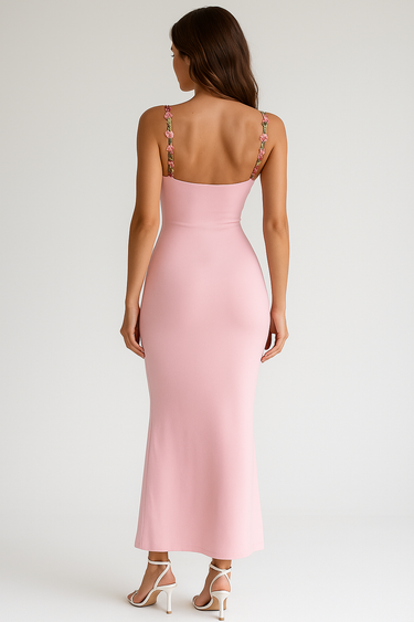 Floral Embroidered Maxi Dress – Waist Wrap Spaghetti Strap Evening Dress