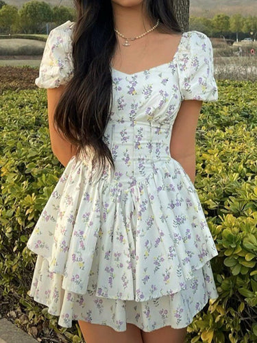 Floral Corset Mini Dress – Sweetheart Puff Sleeve Vintage-Inspired Dress