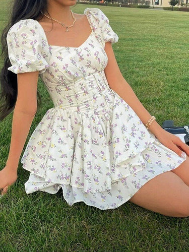Floral Corset Mini Dress – Sweetheart Puff Sleeve Vintage-Inspired Dress