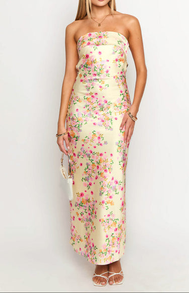 Yellow Floral Strapless Maxi Dress – Summer Garden Party Dress