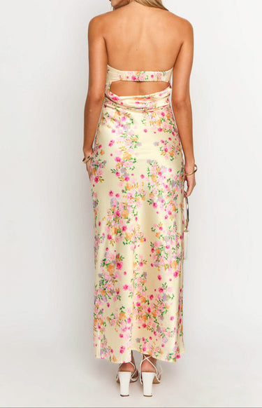 Yellow Floral Strapless Maxi Dress – Summer Garden Party Dress