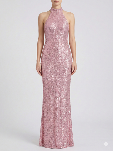 Sequin Halter Maxi Dress – Fitted Backless Glamour Evening Gown
