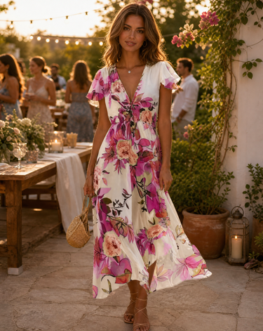 Multicolour Floral Midi Dress – Lace-Up Deep V-Neck Summer Dress