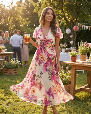 Multicolour Floral Midi Dress – Lace-Up Deep V-Neck Summer Dress