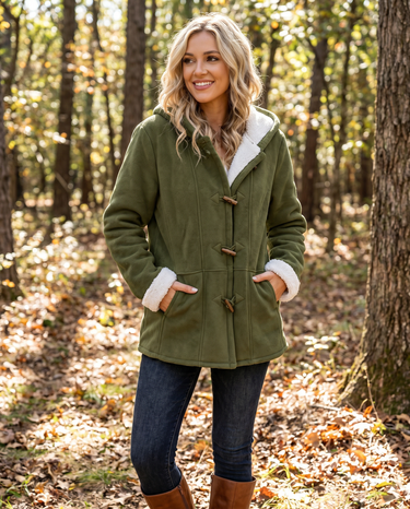 Hooded Winter Coat – Warm Faux Suede Toggle Coat