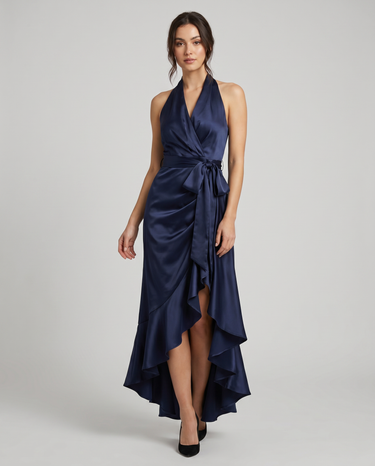 Satin Evening Dress – Off-Shoulder V-Neck Formal Elegance