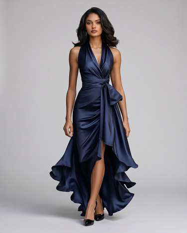 Satin Evening Dress – Off-Shoulder V-Neck Formal Elegance