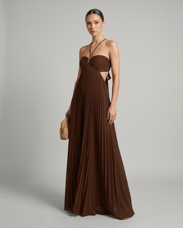 Pleated Halter Neck Maxi Dress with Open Back Detail