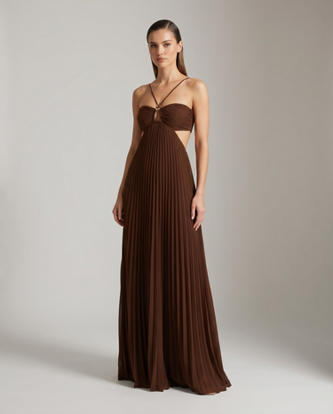 Pleated Halter Neck Maxi Dress with Open Back Detail