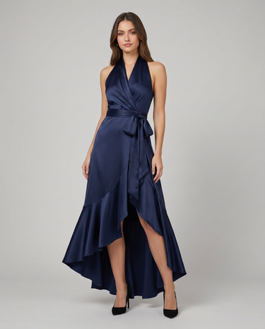 Satin Evening Dress – Off-Shoulder V-Neck Formal Elegance