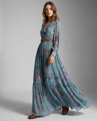 Bohemian Floral Print Maxi Dress with Long Sleeves – Free-Spirited Occasion Dress