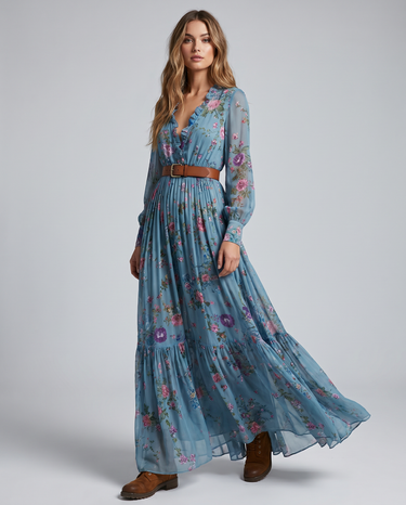 Bohemian Floral Print Maxi Dress with Long Sleeves – Free-Spirited Occasion Dress