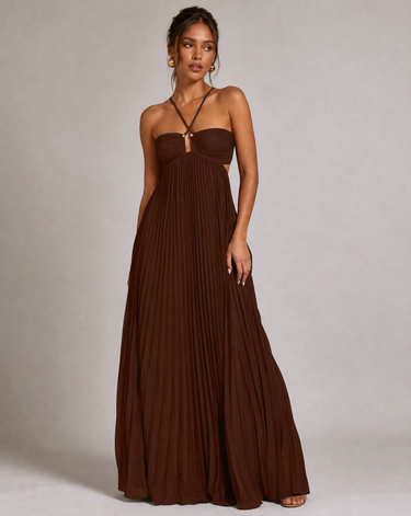 Pleated Halter Neck Maxi Dress with Open Back Detail