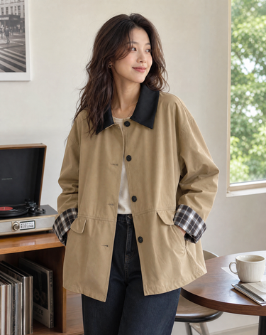 Dark Beige Contrast Trim Button Jacket – Plaid Detail Coat