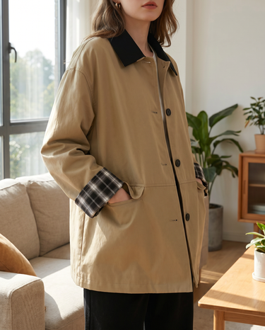Dark Beige Contrast Trim Button Jacket – Plaid Detail Coat