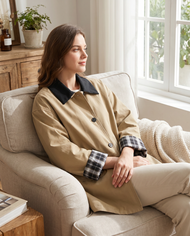 Dark Beige Contrast Trim Button Jacket – Plaid Detail Coat