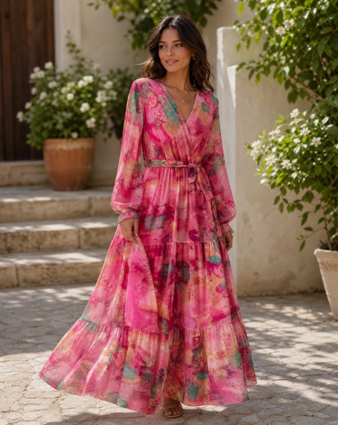 Floral Wrap Summer Maxi Dress – V-Neck Evening Holiday Dress