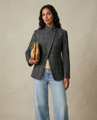 Plaid Single-Button Blazer – Checked Long Sleeve Jacket