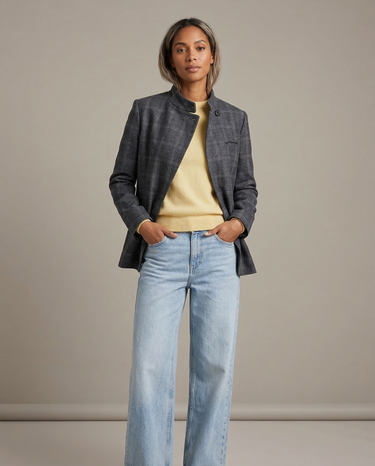 Plaid Single-Button Blazer – Checked Long Sleeve Jacket