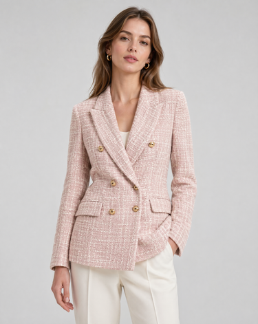 Pink Tweed Blazer – Double-Breasted Gold Button Jacket