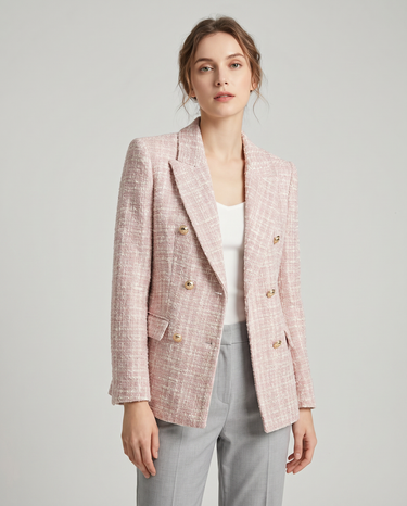 Pink Tweed Blazer – Double-Breasted Gold Button Jacket