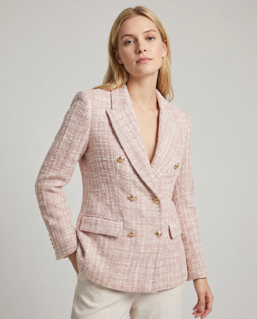 Pink Tweed Blazer – Double-Breasted Gold Button Jacket