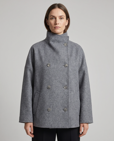 Stand Collar Pea Coat – Minimalist Short Wool Jacket