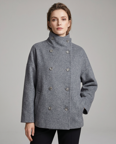 Stand Collar Pea Coat – Minimalist Short Wool Jacket