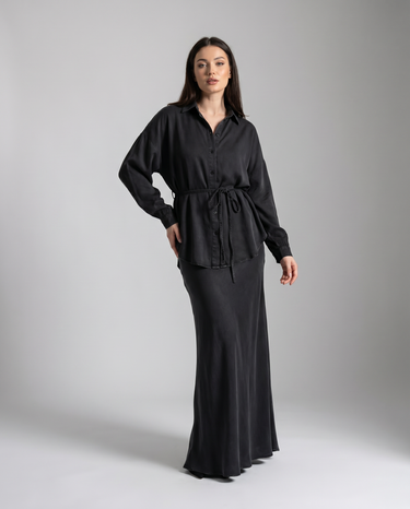 Women's Long Sleeve Tie-Front Shirt and Skirt Two-Piece Set
