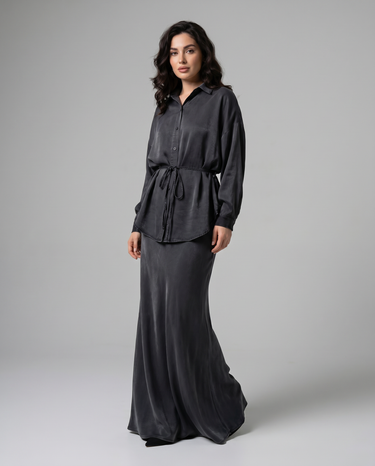 Women's Long Sleeve Tie-Front Shirt and Skirt Two-Piece Set