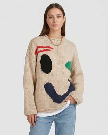 Smiley Face Oversized Cardigan – Novelty Print Knit Jumper