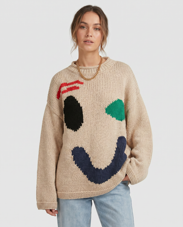 Smiley Face Oversized Cardigan – Novelty Print Knit Jumper