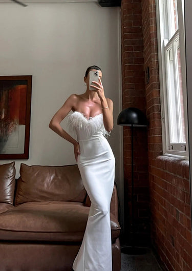 White Strapless Feather Maxi Dress – Fitted Bodice Formal Evening Gown