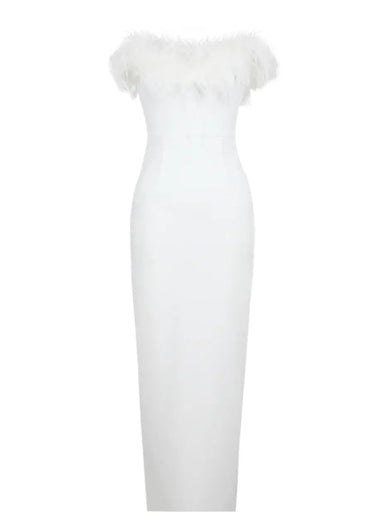 White Strapless Feather Maxi Dress – Fitted Bodice Formal Evening Gown