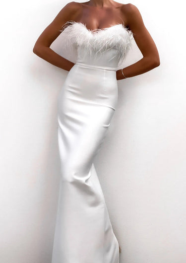 White Strapless Feather Maxi Dress – Fitted Bodice Formal Evening Gown