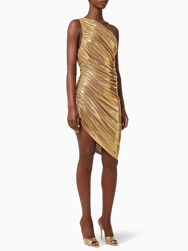 Gold One-Shoulder Evening Midi Dress