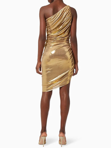 Gold One-Shoulder Evening Midi Dress