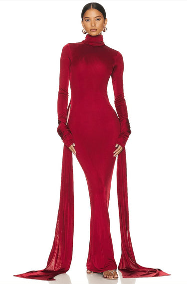 Red High Neck Jersey Maxi Dress – Ruched Sarong Overlay Formal Gown