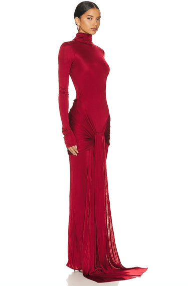 Red High Neck Jersey Maxi Dress – Ruched Sarong Overlay Formal Gown