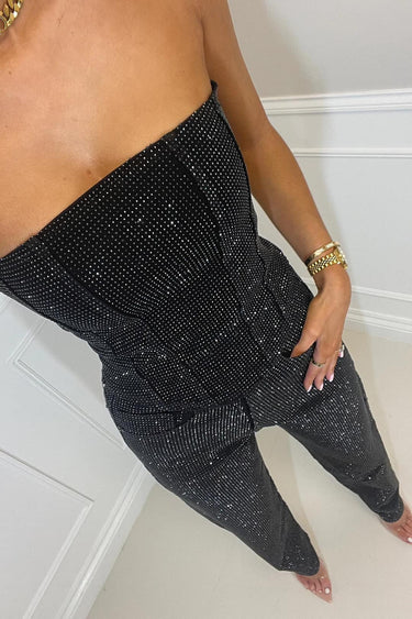 Black Shimmer Jumpsuit – Strapless Straight-Leg Evening Jumpsuit