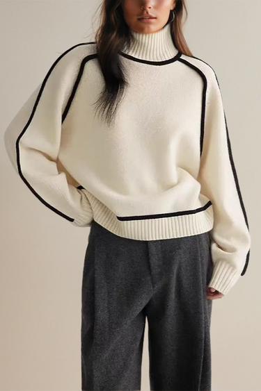 Relaxed Turtleneck Knit Sweater – Ribbed Contrast Piping Jumper