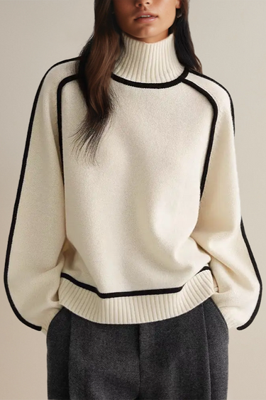 Relaxed Turtleneck Knit Sweater – Ribbed Contrast Piping Jumper